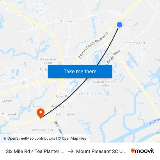 Six Mile Rd / Tea Planter Ln to Mount Pleasant SC USA map