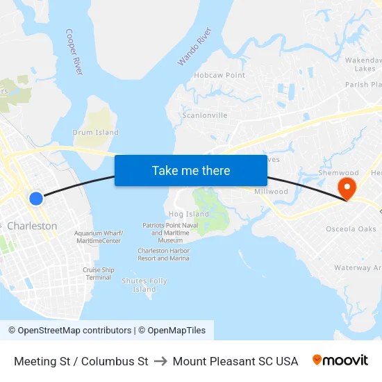 Meeting St / Columbus St to Mount Pleasant SC USA map