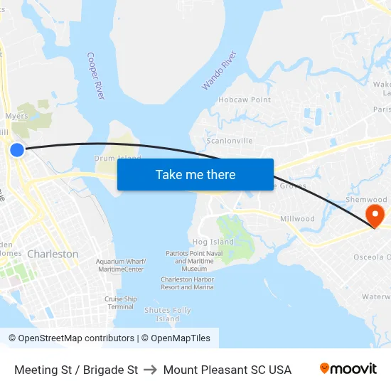 Meeting St / Brigade St to Mount Pleasant SC USA map