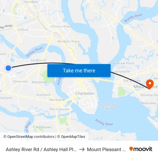 Ashley River Rd / Ashley Hall Plantation Rd to Mount Pleasant SC USA map