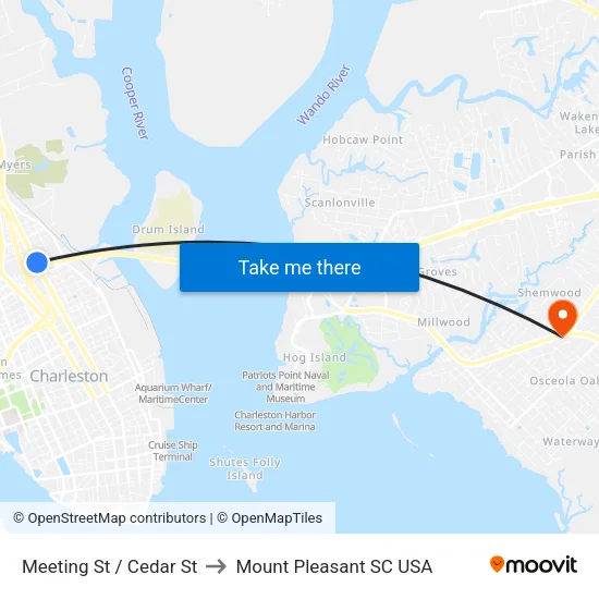 Meeting St / Cedar St to Mount Pleasant SC USA map