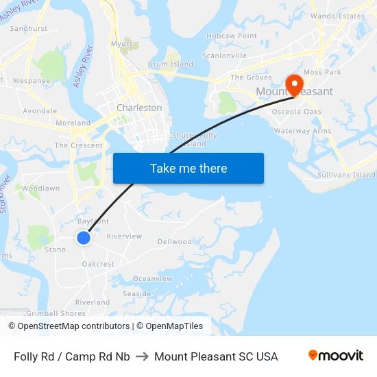 Folly Rd / Camp Rd Nb to Mount Pleasant SC USA map