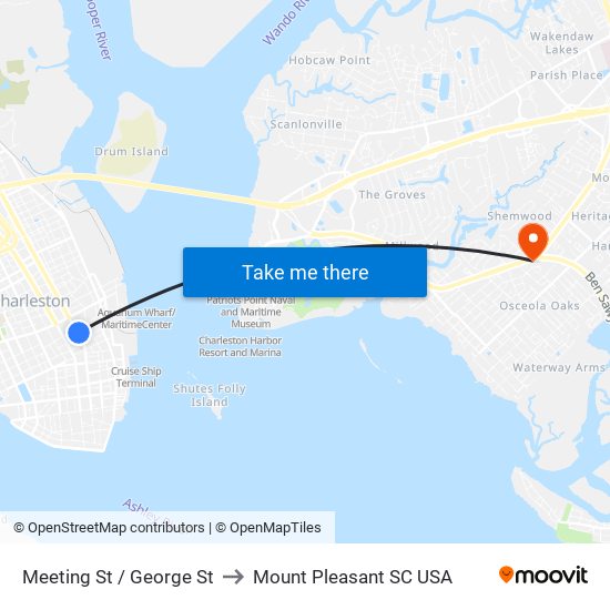 Meeting St / George St to Mount Pleasant SC USA map