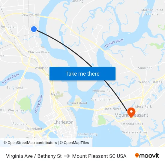 Virginia Ave / Bethany St to Mount Pleasant SC USA map