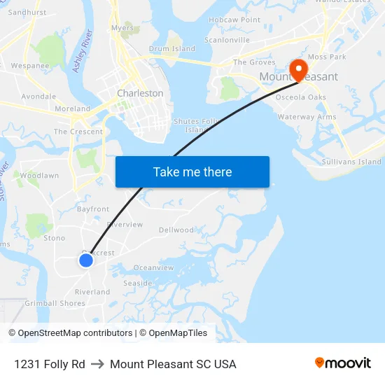 1231 Folly Rd to Mount Pleasant SC USA map