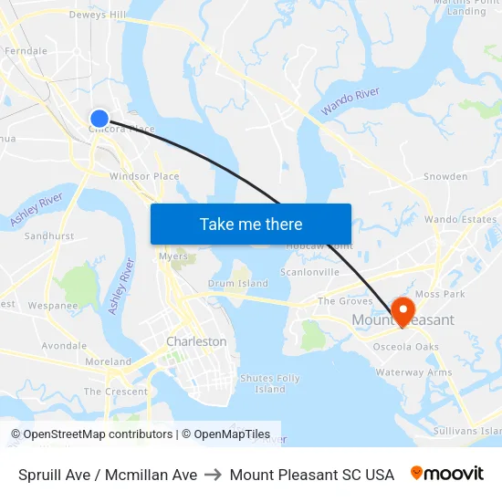 Spruill Ave / Mcmillan Ave to Mount Pleasant SC USA map