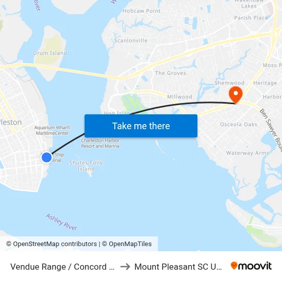 Vendue Range / Concord St to Mount Pleasant SC USA map