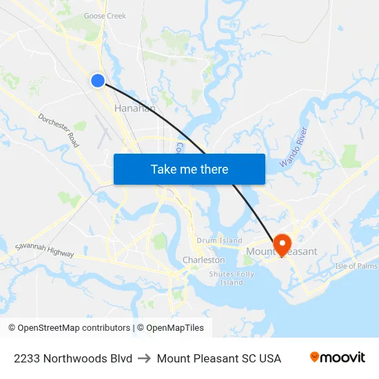 2233 Northwoods Blvd to Mount Pleasant SC USA map