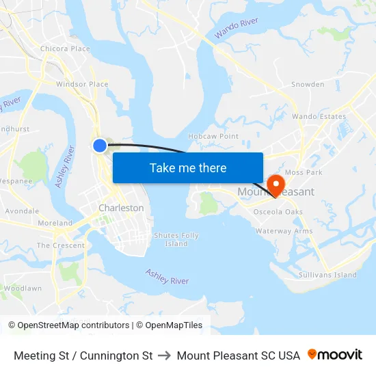Meeting St / Cunnington St to Mount Pleasant SC USA map