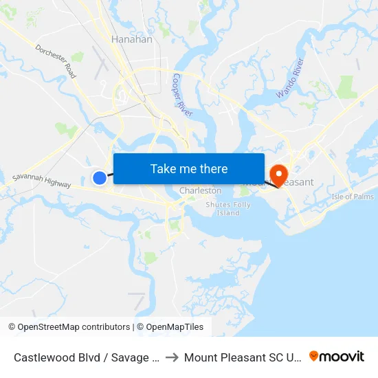 Castlewood Blvd / Savage Rd to Mount Pleasant SC USA map