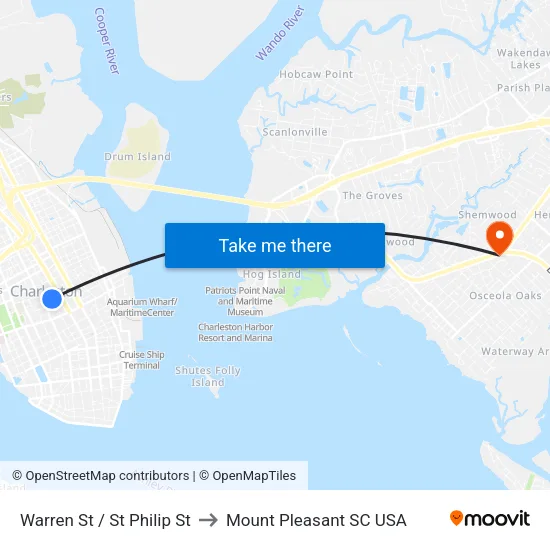 Warren St / St Philip St to Mount Pleasant SC USA map