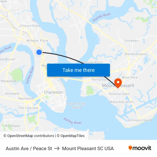 Austin Ave / Peace St to Mount Pleasant SC USA map