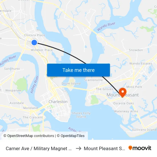 Carner Ave / Military Magnet Academy to Mount Pleasant SC USA map