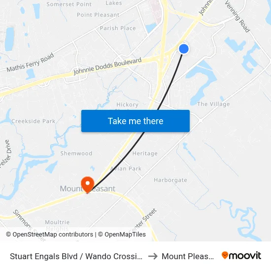 Stuart Engals Blvd / Wando Crossing Center (Park & Ride) to Mount Pleasant SC USA map