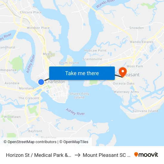 Line St / Hagood St to Mount Pleasant SC USA map