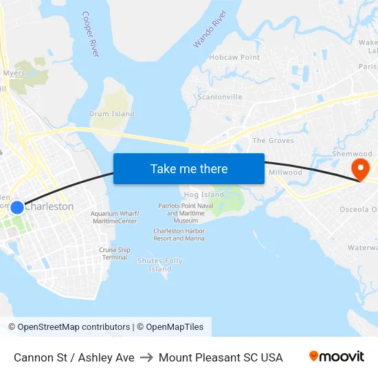 Cannon St / Ashley Ave to Mount Pleasant SC USA map