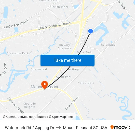 Watermark Rd / Appling Dr to Mount Pleasant SC USA map