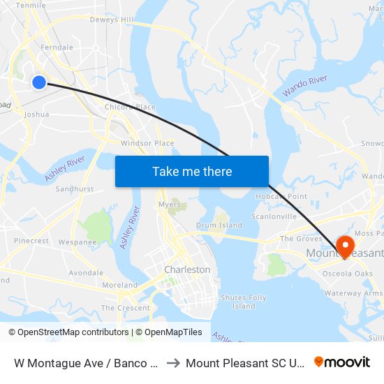 W Montague Ave / Banco Rd to Mount Pleasant SC USA map