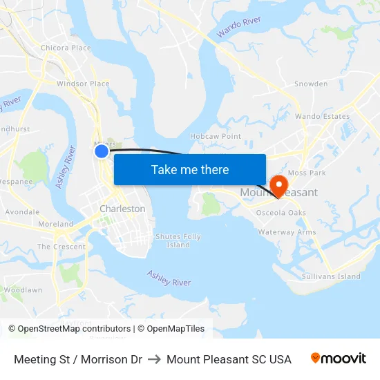 Meeting St / Morrison Dr to Mount Pleasant SC USA map