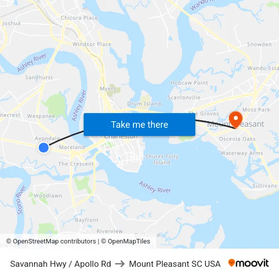 Savannah Hwy / Apollo Rd to Mount Pleasant SC USA map