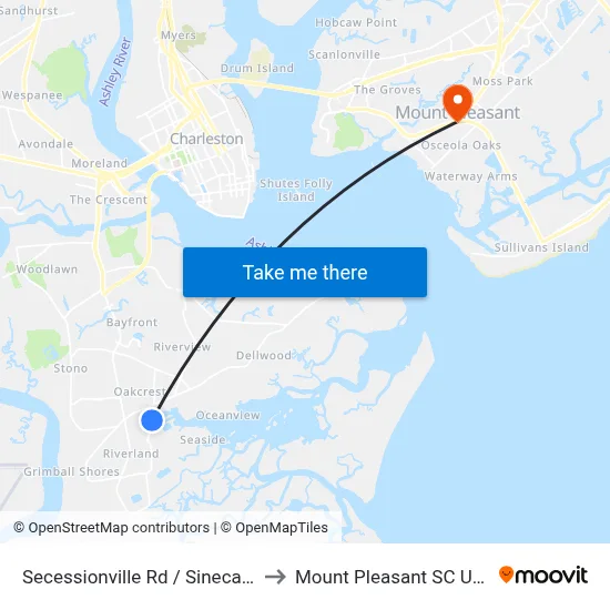 Secessionville  Rd / Sineca Pl to Mount Pleasant SC USA map