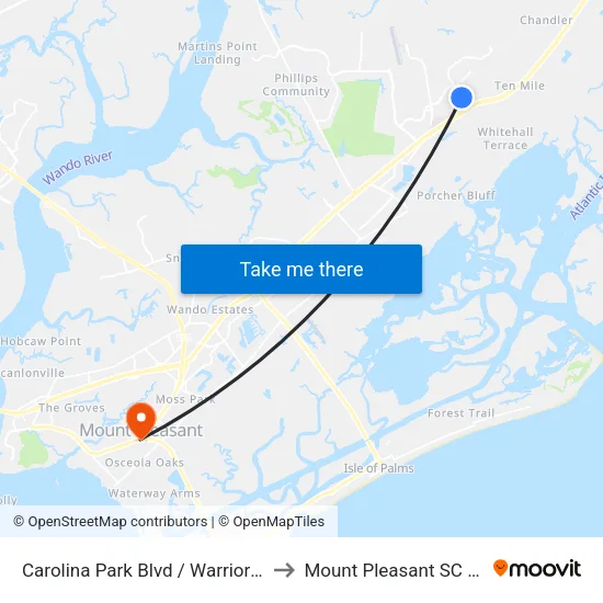 Carolina Park Blvd / Warrior Way to Mount Pleasant SC USA map