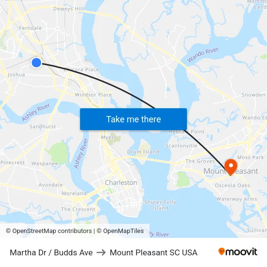 Martha Dr / Budds Ave to Mount Pleasant SC USA map