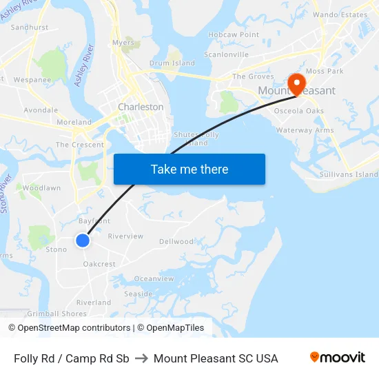 Folly Rd / Camp Rd Sb to Mount Pleasant SC USA map
