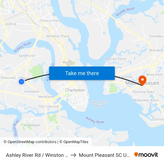 Ashley River Rd / Winston St to Mount Pleasant SC USA map
