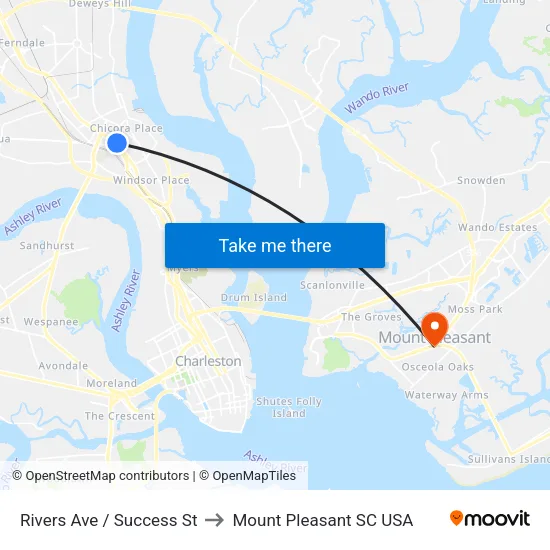 Rivers Ave / Success St to Mount Pleasant SC USA map