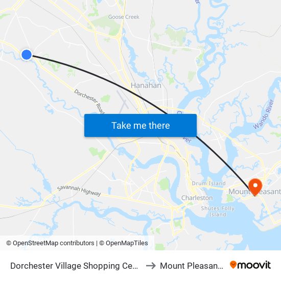 Dorchester Village Shopping Center Park & Ride to Mount Pleasant SC USA map