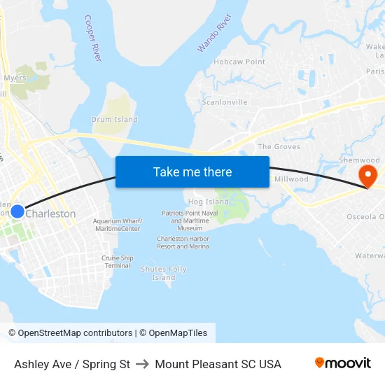 Ashley Ave / Spring St to Mount Pleasant SC USA map