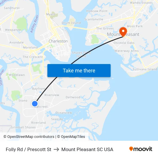 Folly Rd / Prescott St to Mount Pleasant SC USA map