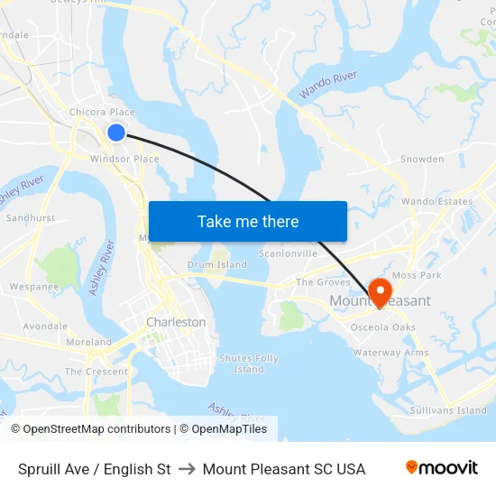 Spruill Ave / English St to Mount Pleasant SC USA map