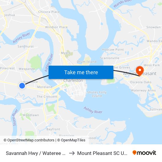 Savannah Hwy / Wateree Dr to Mount Pleasant SC USA map