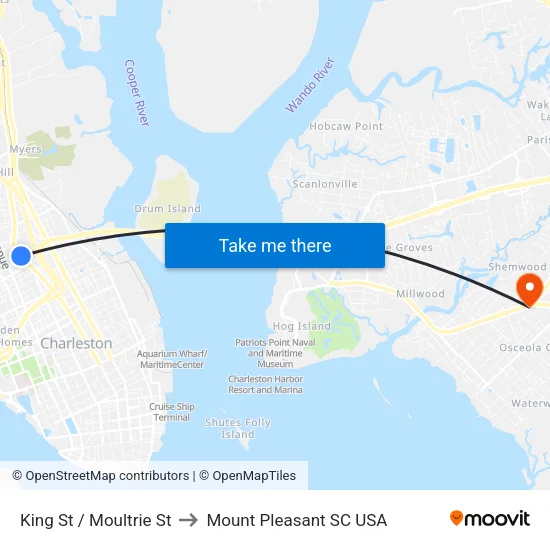 King St / Moultrie St to Mount Pleasant SC USA map