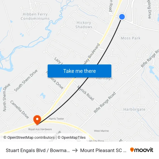 Stuart Engals Blvd / Bowman Rd to Mount Pleasant SC USA map