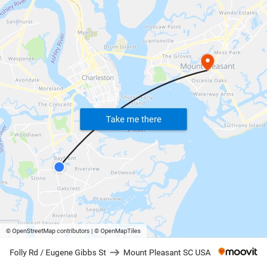 Folly Rd / Eugene Gibbs St to Mount Pleasant SC USA map