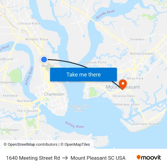 1640 Meeting Street Rd to Mount Pleasant SC USA map