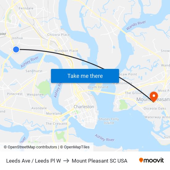 Leeds Ave / Leeds Pl W to Mount Pleasant SC USA map