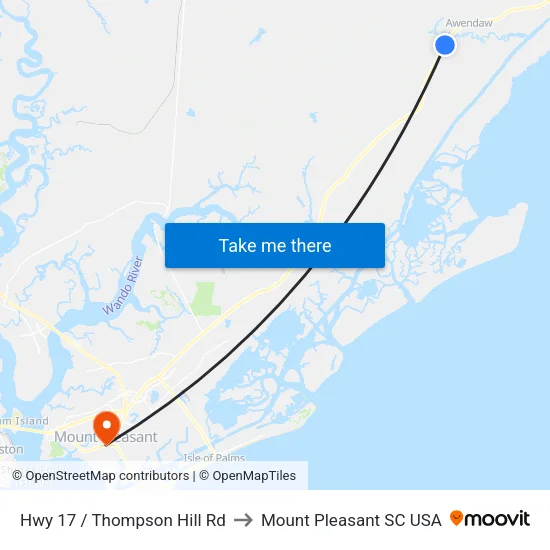 Hwy 17 / Thompson Hill Rd to Mount Pleasant SC USA map