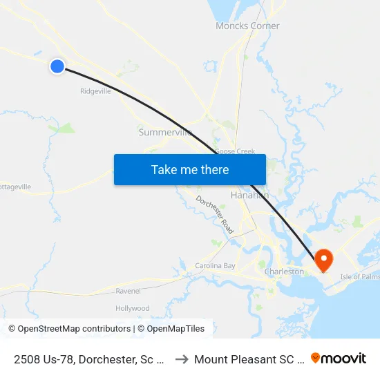 2508 Us-78, Dorchester, Sc 29437 to Mount Pleasant SC USA map
