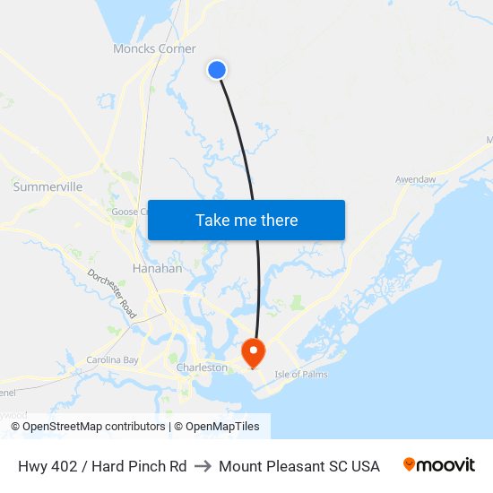 Hwy 402 / Hard Pinch Rd to Mount Pleasant SC USA map