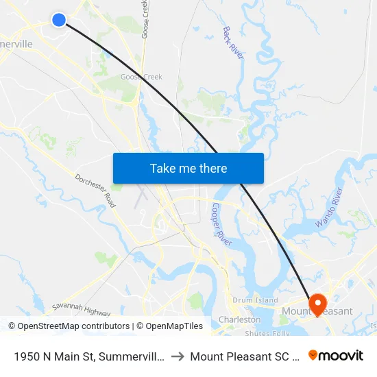 1950 N Main St, Summerville, Sc to Mount Pleasant SC USA map