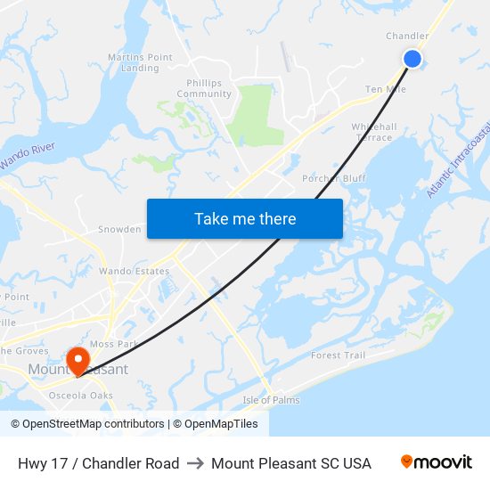 Hwy 17 / Chandler Road to Mount Pleasant SC USA map