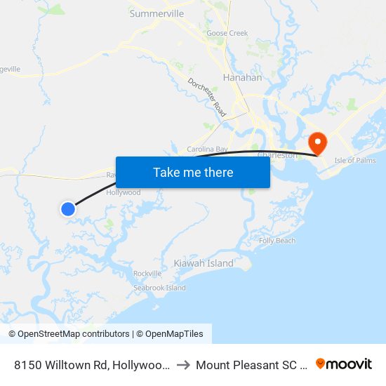 8150 Willtown Rd, Hollywood, Sc to Mount Pleasant SC USA map