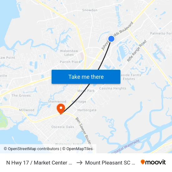N Hwy 17 / Market Center Blvd to Mount Pleasant SC USA map