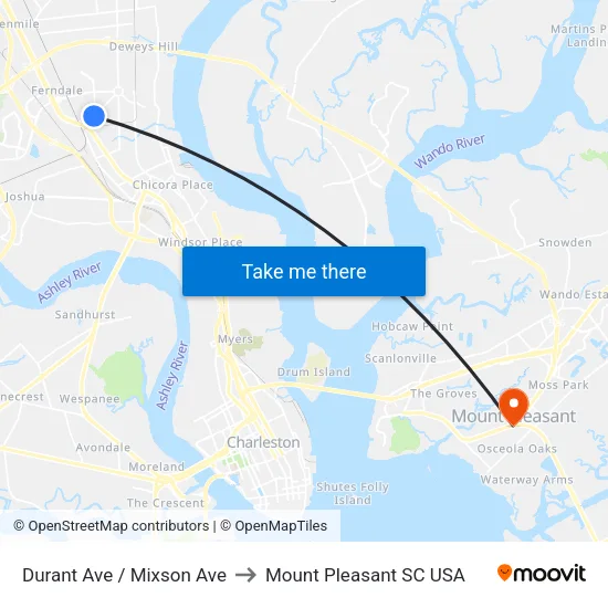 Durant Ave / Mixson Ave to Mount Pleasant SC USA map