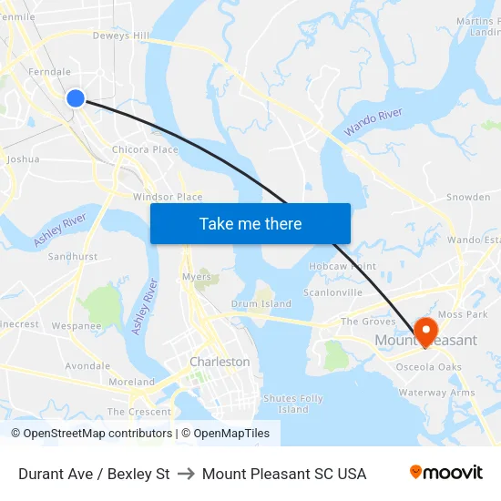 Durant Ave / Bexley St to Mount Pleasant SC USA map