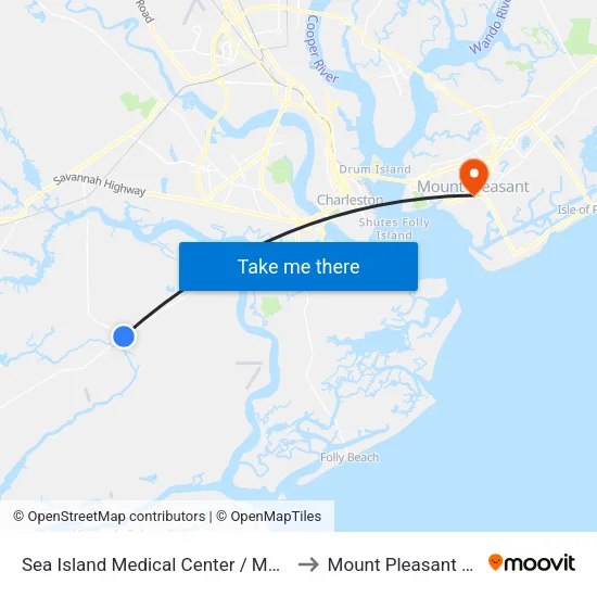 Sea Island Medical Center / Maybank Hwy to Mount Pleasant SC USA map